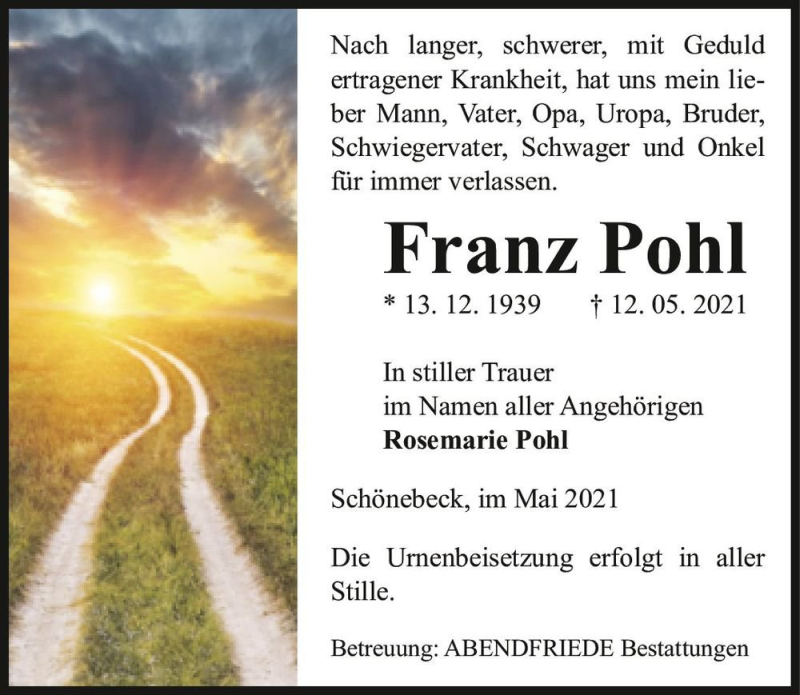  Traueranzeige für Franz Pohl  vom 22.05.2021 aus Magdeburger Volksstimme