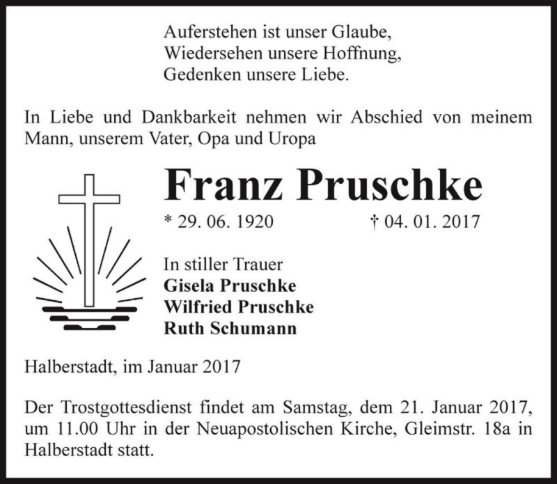  Traueranzeige für Franz Pruschke  vom 14.01.2017 aus Magdeburger Volksstimme