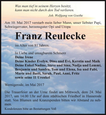 Traueranzeige von Franz Reulecke  von Magdeburger Volksstimme