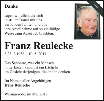 Traueranzeige von Franz Reulecke  von Magdeburger Volksstimme