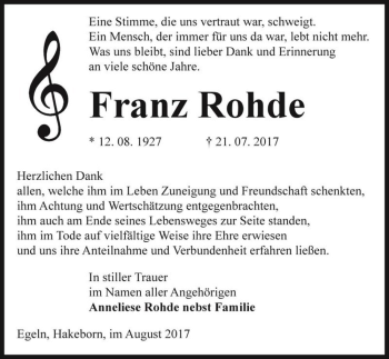 Traueranzeige von Franz Rohde  von Magdeburger Volksstimme