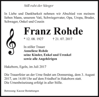 Traueranzeige von Franz Rohde  von Magdeburger Volksstimme