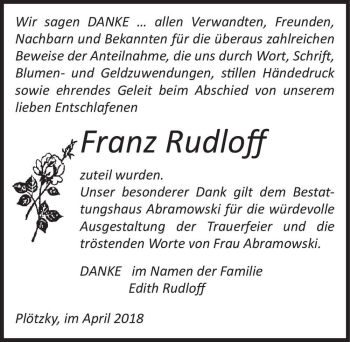 Traueranzeige von Franz Rudloff  von Magdeburger Volksstimme