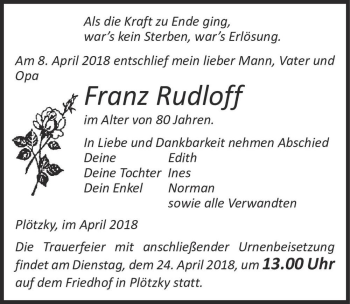 Traueranzeige von Franz Rudloff  von Magdeburger Volksstimme