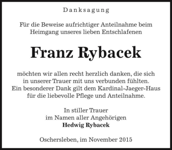 Traueranzeige von Franz Rybacek  von Magdeburger Volksstimme