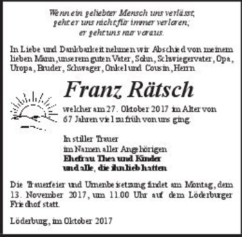 Traueranzeige von Franz Rätsch  von Magdeburger Volksstimme
