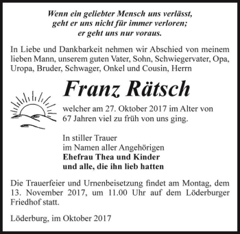 Traueranzeige von Franz Rätsch  von Magdeburger Volksstimme
