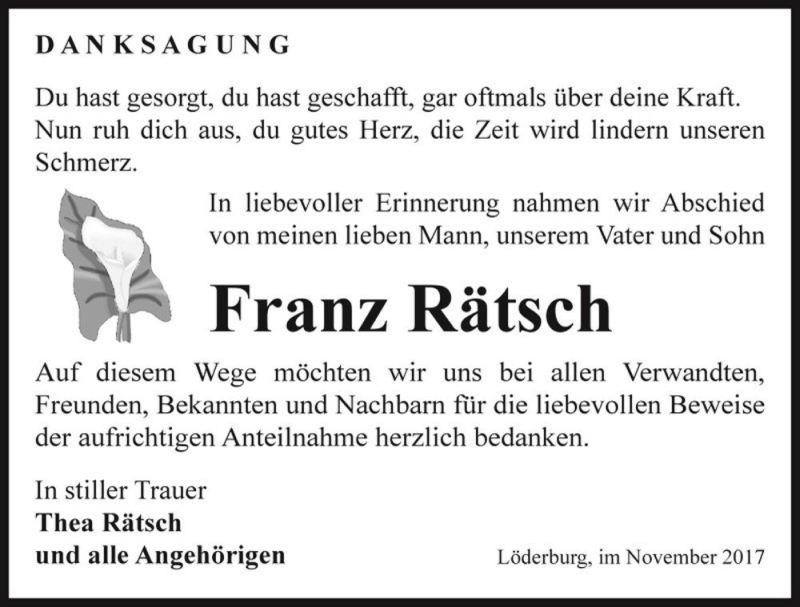  Traueranzeige für Franz Rätsch  vom 18.11.2017 aus Magdeburger Volksstimme