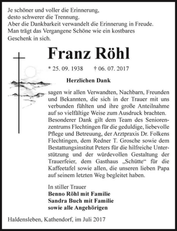 Traueranzeige von Franz Röhl  von Magdeburger Volksstimme