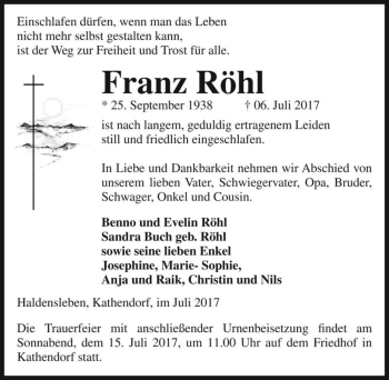 Traueranzeige von Franz Röhl  von Magdeburger Volksstimme