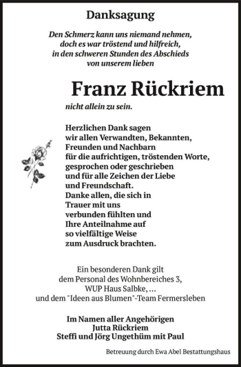 Traueranzeige von Franz Rückriem  von Magdeburger Volksstimme