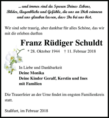 Traueranzeige von Franz Rüdiger Schuldt  von Magdeburger Volksstimme