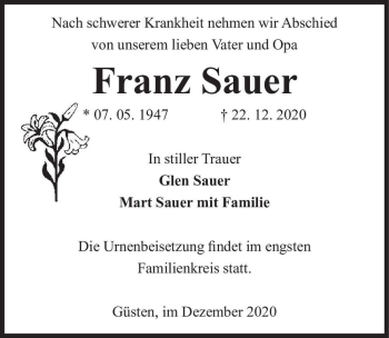 Traueranzeige von Franz Sauer  von Magdeburger Volksstimme