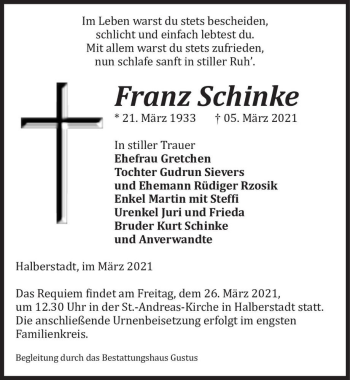 Traueranzeige von Franz Schinke  von Magdeburger Volksstimme