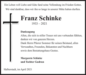 Traueranzeige von Franz Schinke  von Magdeburger Volksstimme