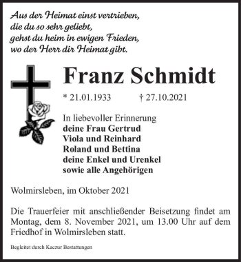 Traueranzeige von Franz Schmidt  von Magdeburger Volksstimme