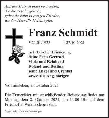 Traueranzeige von Franz Schmidt  von Magdeburger Volksstimme