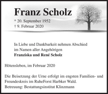 Traueranzeige von Franz Scholz  von Magdeburger Volksstimme