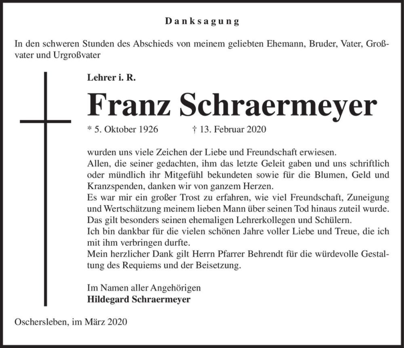  Traueranzeige für Franz Schraermeyer  vom 07.03.2020 aus Magdeburger Volksstimme