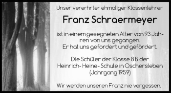 Traueranzeige von Franz Schraermeyer  von Magdeburger Volksstimme