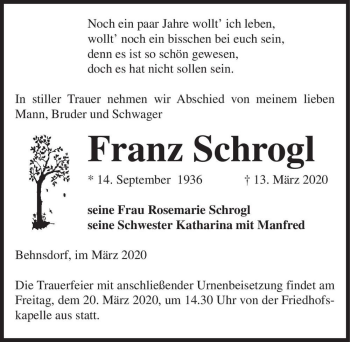 Traueranzeige von Franz Schrogl  von Magdeburger Volksstimme