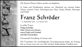Traueranzeige von Franz Schröder  von Magdeburger Volksstimme