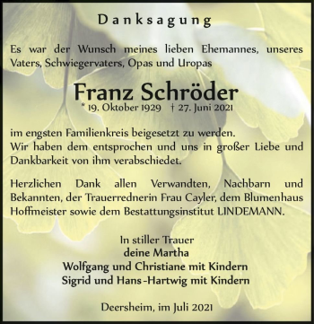 Traueranzeige von Franz Schröder  von Magdeburger Volksstimme