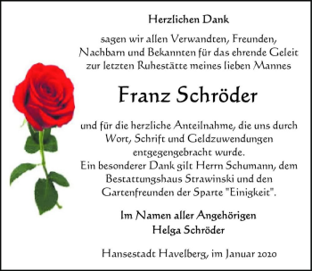 Traueranzeige von Franz Schröder  von Magdeburger Volksstimme