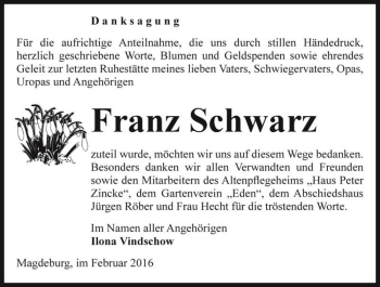 Traueranzeige von Franz Schwarz  von Magdeburger Volksstimme