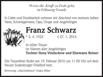 Traueranzeige von Franz Schwarz  von Magdeburger Volksstimme