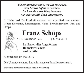 Traueranzeige von Franz Schöps  von Magdeburger Volksstimme