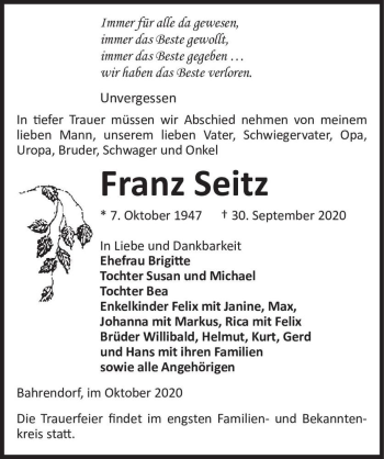Traueranzeige von Franz Seitz  von Magdeburger Volksstimme