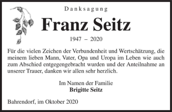 Traueranzeige von Franz Seitz  von Magdeburger Volksstimme