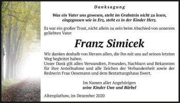 Traueranzeige von Franz Simicek  von Magdeburger Volksstimme
