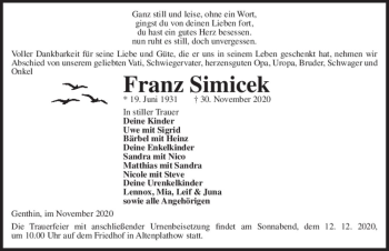 Traueranzeige von Franz Simicek  von Magdeburger Volksstimme