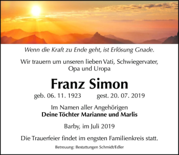 Traueranzeige von Franz Simon  von Magdeburger Volksstimme
