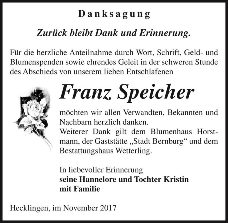  Traueranzeige für Franz Speicher  vom 25.11.2017 aus Magdeburger Volksstimme