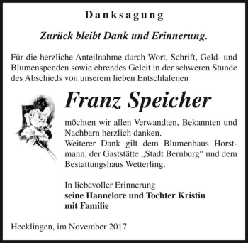 Traueranzeige von Franz Speicher  von Magdeburger Volksstimme