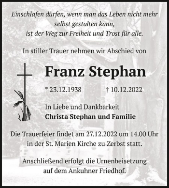 Traueranzeige von Franz Stephan  von Magdeburger Volksstimme