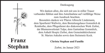 Traueranzeige von Franz Stephan  von Magdeburger Volksstimme
