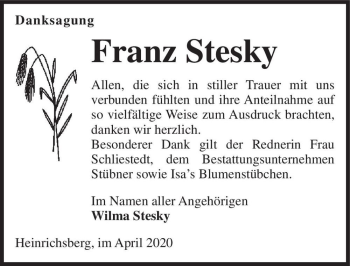 Traueranzeige von Franz Stesky  von Magdeburger Volksstimme