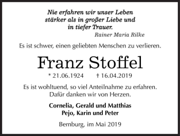 Traueranzeige von Franz Stoffel  von Magdeburger Volksstimme