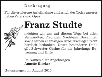 Traueranzeige von Franz Studte  von Magdeburger Volksstimme