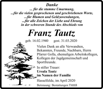 Traueranzeige von Franz Tautz  von Magdeburger Volksstimme