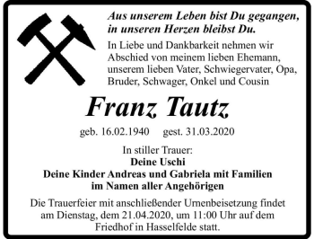 Traueranzeige von Franz Tautz  von Magdeburger Volksstimme