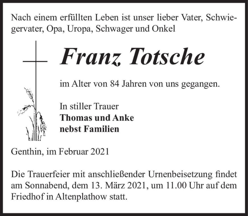  Traueranzeige für Franz Totsche  vom 20.02.2021 aus Magdeburger Volksstimme