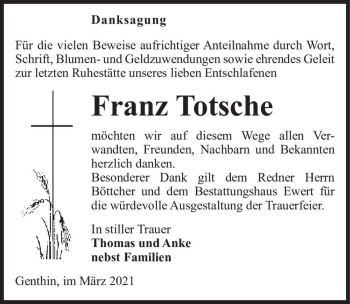Traueranzeige von Franz Totsche  von Magdeburger Volksstimme
