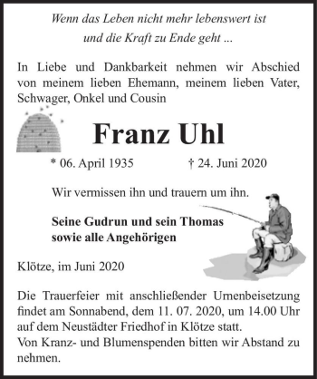 Traueranzeige von Franz Uhl  von Magdeburger Volksstimme