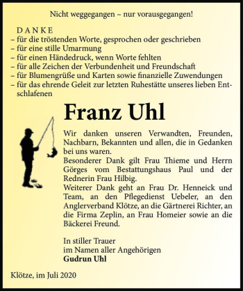 Traueranzeige von Franz Uhl  von Magdeburger Volksstimme