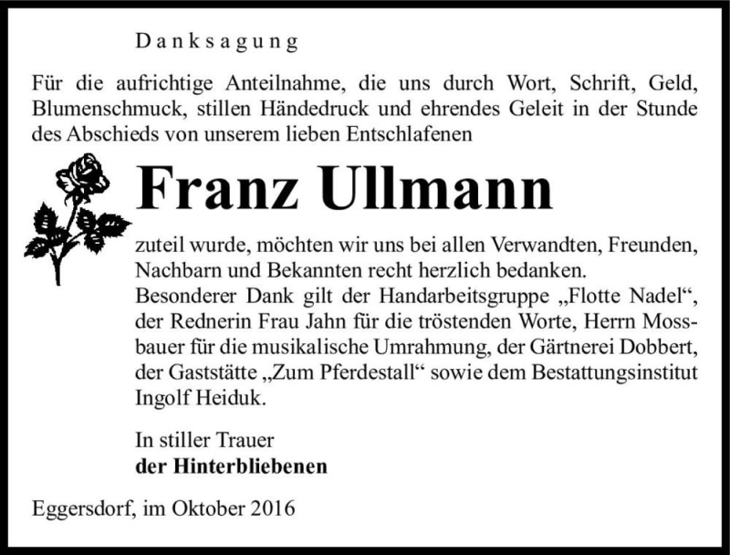  Traueranzeige für Franz Ullmann  vom 05.11.2016 aus Magdeburger Volksstimme